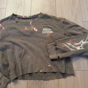 Harley-Davidson Mocha Brown Cropped Distressed waffle crew sweatshirt